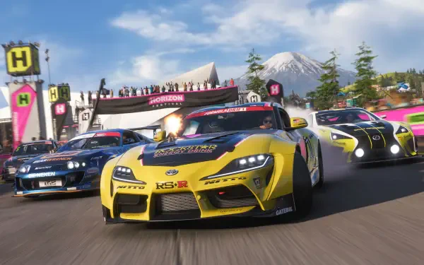 Forza Horizon 6 video game 4K Ultra HD PC desktop wallpaper: yellow sports car leads a pack through a colorful festival race with mountains, banners, and cheering crowds.