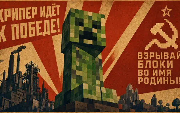 4K Ultra HD PC desktop wallpaper: Minecraft Creeper in a Soviet-style propaganda poster with red rays, hammer and sickle, Cyrillic slogans and an industrial skyline.