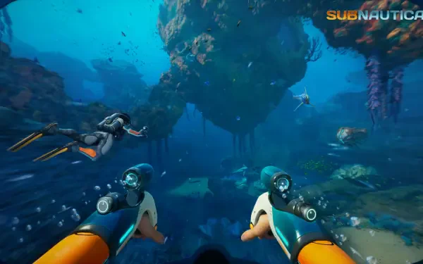 First-person underwater view from Subnautica 2: gloved hands wielding propulsion tools, fellow diver and marine life amid towering floating kelp islands — 4K Ultra HD PC desktop wallpaper/background.