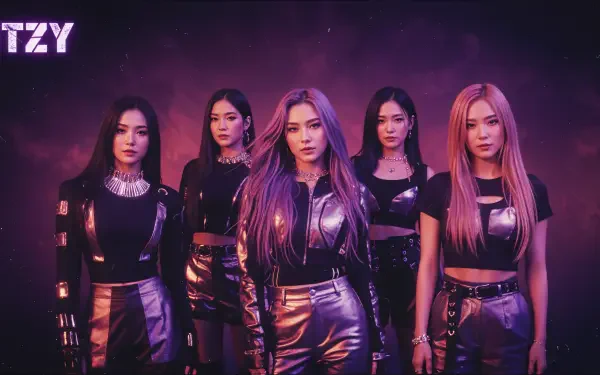 4K Ultra HD PC desktop wallpaper of five women in metallic outfits under purple lighting, posing confidently with a bold logo in the top-left corner.