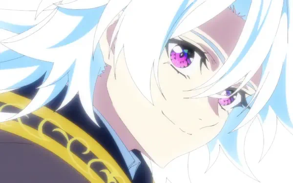 HD anime desktop wallpaper: close-up of Will Serfort from Wistoria: Wand and Sword — white hair, glowing pink-violet eyes, gentle smile and ornate gold-trimmed collar.