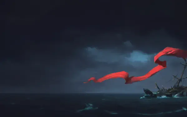 Windrose video game 2K Quad HD PC wallpaper: dark ocean under a stormy sky, wrecked ship at right and a red ribbon-like sail sweeping across the scene.