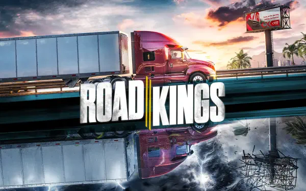 HD PC desktop wallpaper and background: Road Kings video game art — red semi truck hauling a trailer on a highway, bold ROAD KINGS logo centered with a mirrored stormy water reflection below.