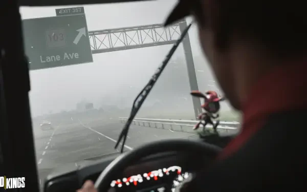 Road Kings video game: driver-view through rain-smeared windshield on a highway, dashboard figurine in foreground, 4K Ultra HD PC desktop wallpaper/background.