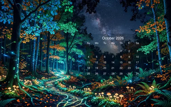 October 2026 calendar over a glowing bioluminescent forest path beneath a starry sky with mushrooms and ferns — 5K Ultra HD PC desktop wallpaper and background.