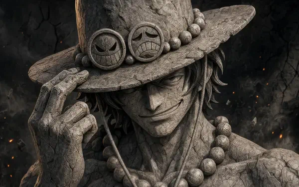 Grayscale stone-textured portrait of Portgas D. Ace tipping his signature hat, beads around his neck — 4K Ultra HD PC desktop wallpaper background.