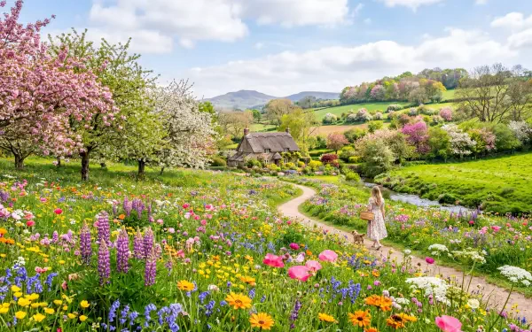 5K Ultra HD PC Desktop Wallpaper and Background: colorful spring meadow (spring, colorful spring) with wildflowers, blossoming trees, a winding path and a girl in a dress.
