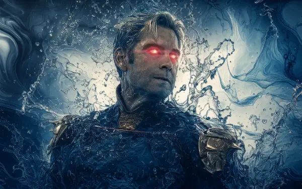 Homelander from The Boys (2019) with red glowing eyes bursting through swirling water — dramatic blue 4K Ultra HD PC desktop wallpaper and background.
