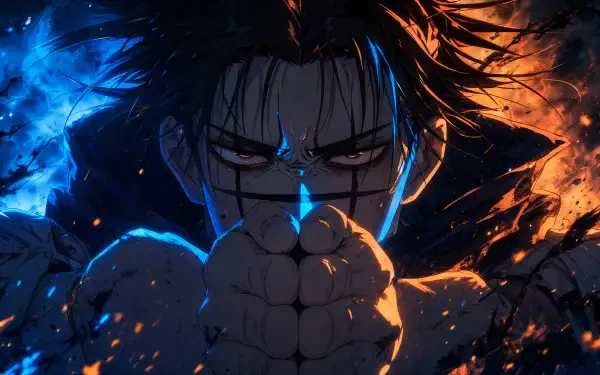 4K Ultra HD PC desktop wallpaper of Choso (Jujutsu Kaisen): close-up, hands joined, glowing blue and orange flames, red eyes and ink-like facial markings, intense stare.