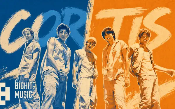 Cortis 4K Ultra HD PC desktop wallpaper: split blue-orange background with grungy brushstroke CORTIS text, five casually dressed figures posing and a BigHit Music logo.