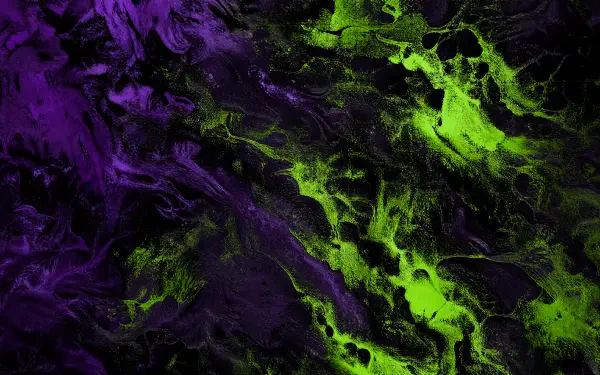 4K Ultra HD PC desktop wallpaper background with abstract texture of swirling purple and neon green marbled, smoky veins