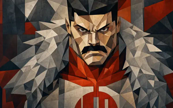 Geometric 4K Ultra HD PC desktop wallpaper of Thragg (Invincible): stern, mustached alien warlord in red armor with fur-trimmed cloak against an angular dark background