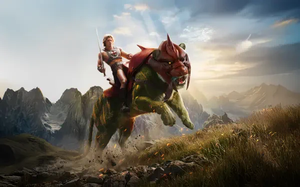 Masters of the Universe (2026) 5K Ultra HD PC desktop wallpaper and background: He-Man riding Battle Cat, sword raised, leaping across rugged mountain plains at sunrise.