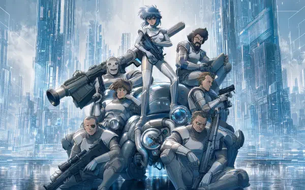 The Ghost In The Shell (2026) 4K Ultra HD PC desktop wallpaper and background: a cybernetic special-ops team clustered around a bulky mech against a mirrored neon-blue futuristic cityscape.