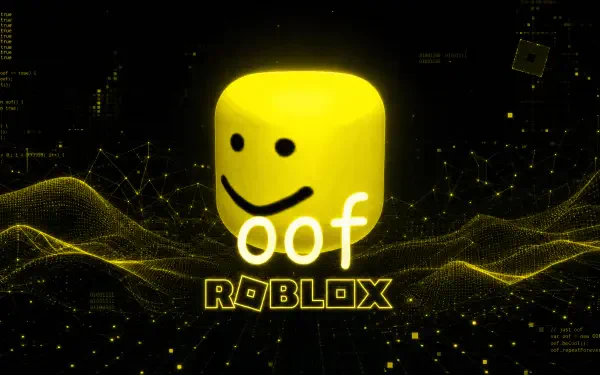 4K Ultra HD PC desktop wallpaper and background: glowing yellow Roblox head with oof text over neon waveform grid and scattered digital particles.