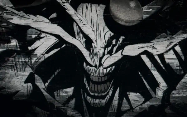 4K Ultra HD PC desktop wallpaper of Mahoraga (Jujutsu Kaisen): a monstrous, grinning horned visage emerging from dark, ink-splattered, high-contrast textures.