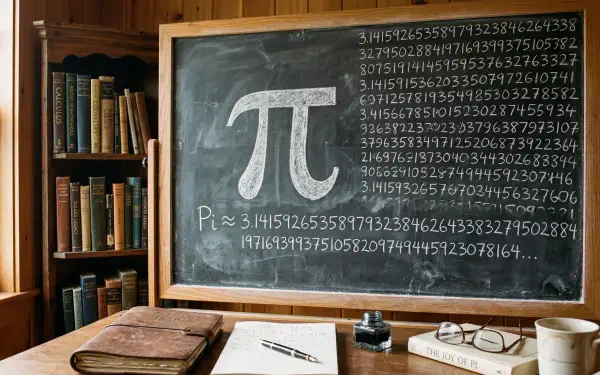 5K Ultra HD PC wallpaper: chalkboard in a cozy study shows a large π symbol with many digits, surrounded by books, a notebook and pen — mathematics, Pi (Math) themed background.