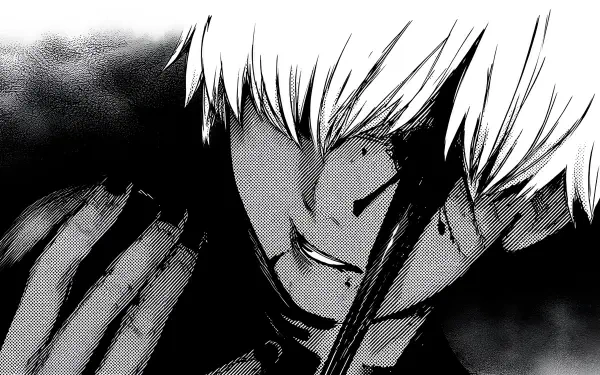 Tokyo Ghoul:re 2K Quad HD PC desktop wallpaper — black-and-white close-up of Kaneki with white hair, blood-streaked face and a pained, intense expression.