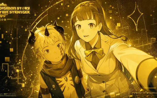Digimon Story Time Stranger 4K Ultra HD PC desktop wallpaper: two anime characters — a schoolgirl taking a selfie with a horned Digimon companion amid glowing digital circuitry.