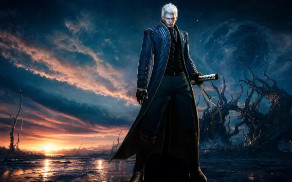 Vergil (Devil May Cry) stands with a katana on a stormy shoreline at sunset, dramatic clouds and twisted trees — 4K Ultra HD PC desktop wallpaper and background.