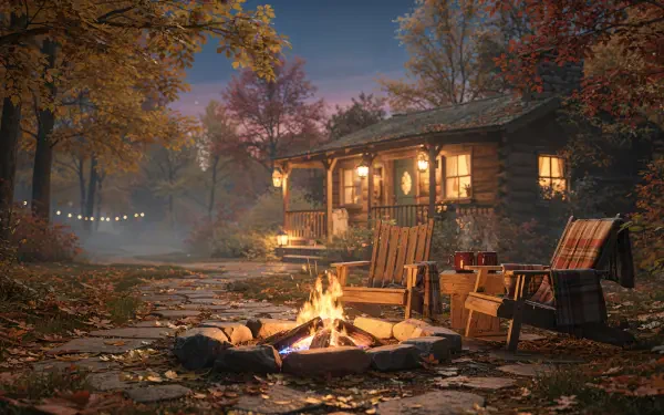 Rustic fall 4K Ultra HD PC desktop wallpaper: cozy cabin at dusk with glowing windows, campfire ring, Adirondack chairs, string lights and fallen leaves in a misty autumn forest.