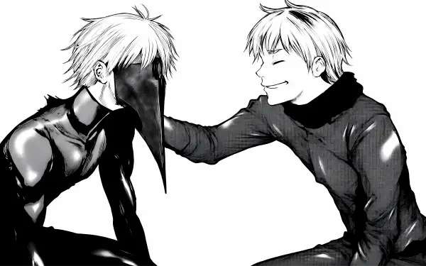 Tokyo Ghoul 5K Ultra HD PC desktop wallpaper: monochrome manga-style image of two figures — one in a long-beaked mask, the other smiling and touching the mask, intimate yet eerie.