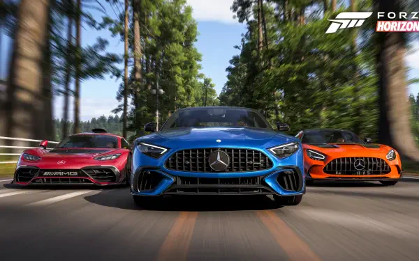 Forza Horizon 6 PC 4K Ultra HD desktop wallpaper: three high-performance sports cars — blue center, red and orange flanking — speed through a sunlit forest road.