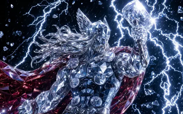 Crystal-faceted Thor raises Mjolnir amid crackling lightning, red cape billowing — 4K Ultra HD PC desktop wallpaper and background.