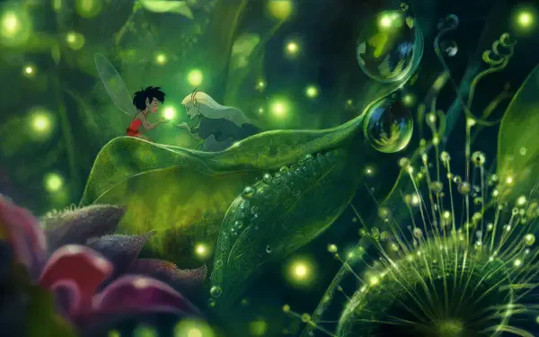 Ferngully: The Last Rainforest 4K Ultra HD PC desktop wallpaper and background — tiny fairy and boy perched on a dew-dappled leaf, surrounded by glowing fireflies and bioluminescent rainforest flora.