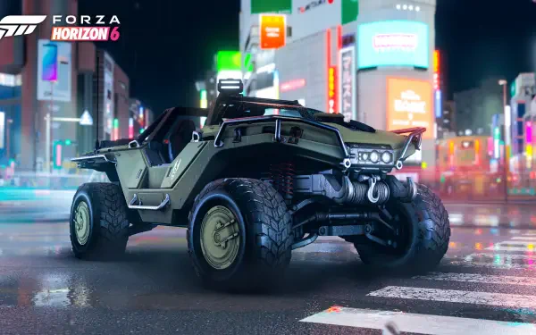 Forza Horizon 6 video game 4K Ultra HD PC desktop background — rugged off-road buggy on a wet neon-lit city street at night, reflections on pavement and bright billboards.