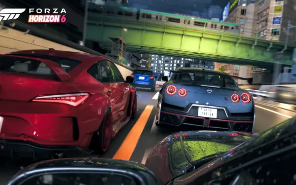 Forza Horizon 6 video game 4K Ultra HD PC desktop wallpaper: high-speed nighttime city street race with sports cars, neon overpass and wet reflections viewed from a cockpit.