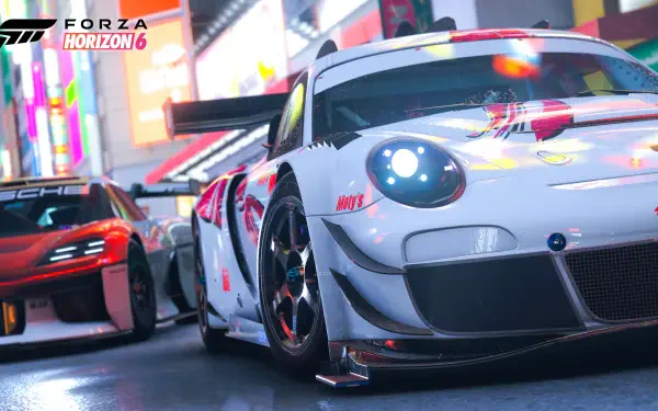 Forza Horizon 6 video game 4K Ultra HD PC desktop wallpaper: close-up of a white GT race car and a red supercar racing through neon-lit city streets at night.