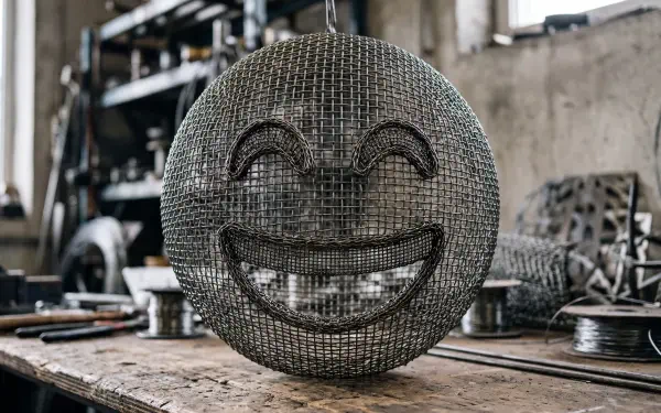 Wire-mesh smiling emoticon sculpture on a cluttered workbench in an industrial workshop — 5K Ultra HD PC desktop wallpaper and background.