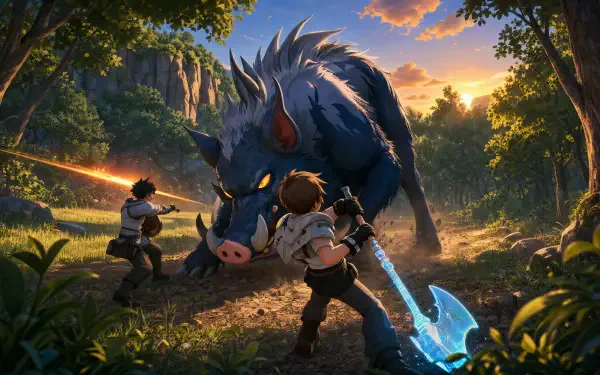 Echoes of Aincrad 4K Ultra HD PC desktop wallpaper and background — two adventurers clash with a colossal tusked boar in a sunlit forest, a blue-glowing axe raised as arrows streak.