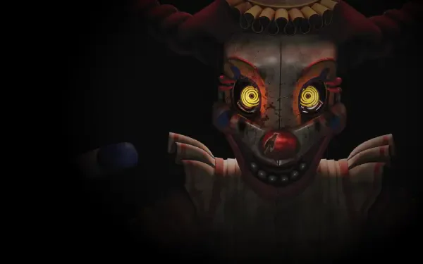 Menacing animatronic clown with glowing yellow eyes emerging from darkness, Five Nights at Freddy's: Secret of the Mimic, 2K Quad HD PC desktop wallpaper/background.