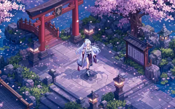 Hiyuki (Wuthering Waves) standing beneath blooming cherry blossoms by a torii gate on a moonlit stone courtyard, detailed 4K Ultra HD PC desktop wallpaper background.