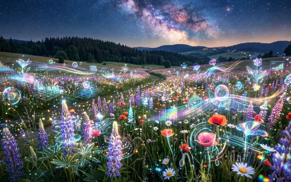 5K Ultra HD PC desktop wallpaper and background, a glowing blooming meadow of wildflowers and luminous orbs under a vivid Milky Way, rolling hills and dark forest on the horizon.