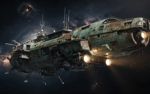 4K Ultra HD PC desktop wallpaper and background: a weathered deep-space exploration cruiser with glowing engines and antennae drifting past a nebula-strewn starfield.