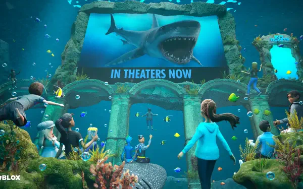 Roblox video game 4K Ultra HD PC desktop wallpaper: underwater cinema with Roblox characters surrounded by coral and fish watching a giant shark billboard reading 'IN THEATERS NOW'.
