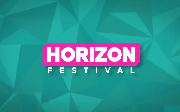 Forza Horizon 6 HD PC desktop wallpaper and background: bold magenta HORIZON festival logo with white FESTIVAL text on a teal polygonal geometric backdrop.