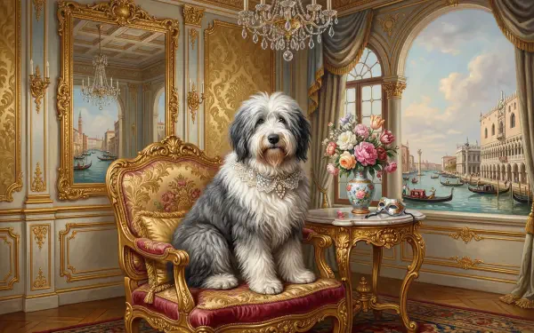 Sheepdog seated on a gilded armchair in an ornate room with a vase of roses and a Venetian canal view — luxurious 5K Ultra HD PC desktop wallpaper background.