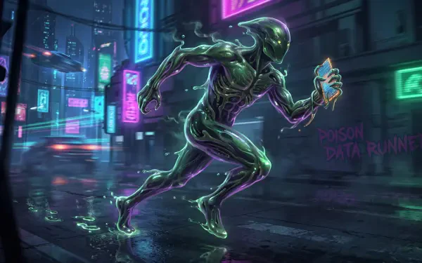 Data Runner — 5K Ultra HD PC Desktop Wallpaper and Background: neon-green cybernetic runner clutching a glowing data shard while sprinting through rainy, neon-soaked futuristic city streets.