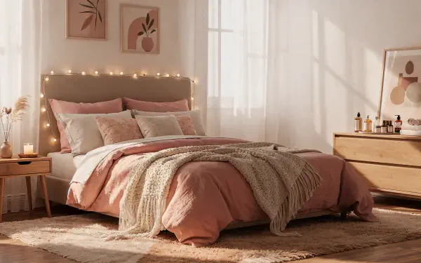 4K Ultra HD PC desktop wallpaper & background: cozy aesthetic bedroom with pink bedding, knit throw, fairy lights, wooden nightstand and soft sunlight.