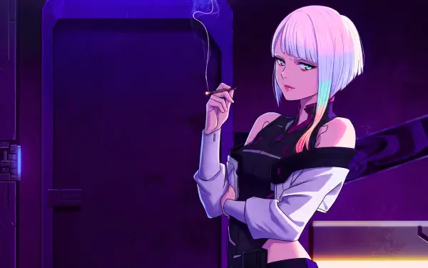 Cyberpunk: Edgerunners' Lucy — anime waifu with white bob, smoking a cigarette in a neon purple cyberpunk room; 5K Ultra HD PC desktop wallpaper/background.