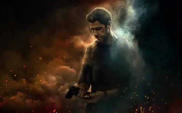 2K Quad HD PC desktop wallpaper of Jack Ryan: brooding figure clutching a gun amid swirling smoke, embers, and dramatic shadowed lighting.