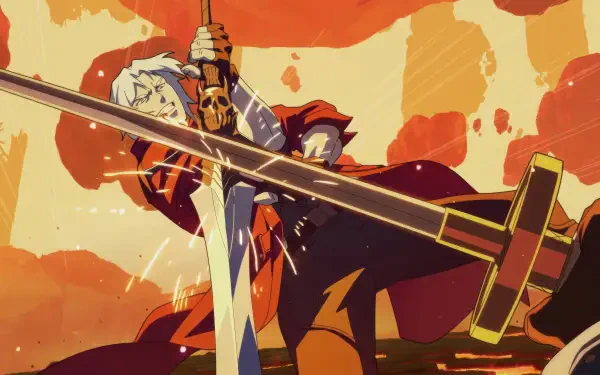 Devil May Cry (2025) art: cloaked demon hunter brandishes twin swords against a fiery orange sky — 4K Ultra HD PC desktop wallpaper and background.