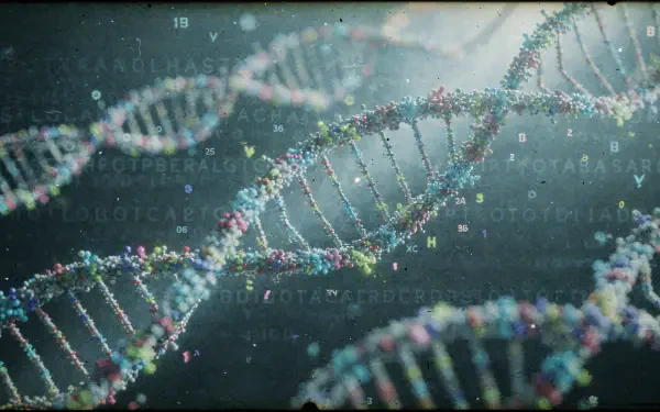 Glowing DNA double helix strands with floating nucleotide letters, 4K Ultra HD PC desktop wallpaper background.