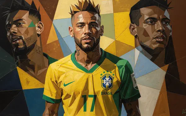 4K Ultra HD PC desktop wallpaper: stylized geometric portrait of a soccer player in Brazil yellow #17 jersey, flanked by two angular side profiles against a colorful polygonal background.