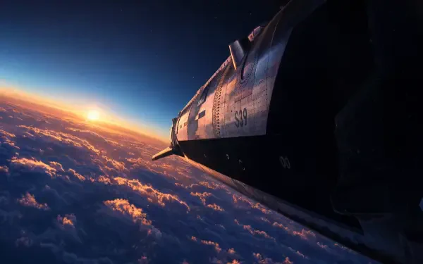SpaceX Starship soaring above sunlit cloud tops at sunrise, hull details against a deep blue space gradient — 4K Ultra HD PC desktop wallpaper background.