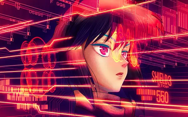 Cyberpunk retro anime waifu portrait of Motoko Kusanagi from The Ghost In The Shell 2026, neon HUD overlays and gridlines in hot pink and orange - 5K Ultra HD PC desktop wallpaper.
